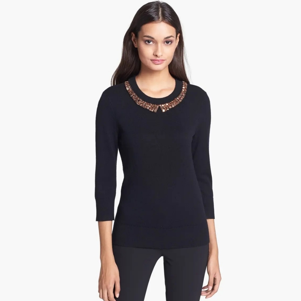 Kate Spade Avaline Wool Cashmere Embelished Crewneck Sweater Black Size Small